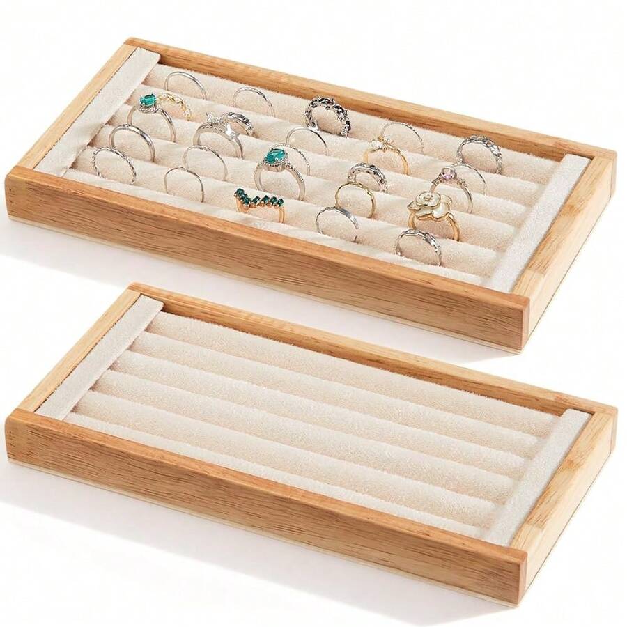 Pcs Bamboo Ring Holder Bamboo Ring Display Stand 5 Slot Rings Display Tray Jewelry Storage Tray Organizer For Rings Earrings Selling Retail Stores Home Exhibitions - beige - 查看 1