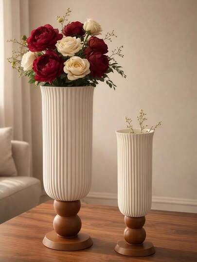 1件北欧简约风格条纹高花瓶，白棕双色，现代装饰，适用于客厅、卧室、桌面