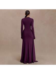 Spring And Summer New High-End Women's Clothing Celebrity Style Solid Color Turtleneck Long-Sleeved Streamer Pleated Hip-Wrapped Temperament Dress Skirt - Purple - View 2