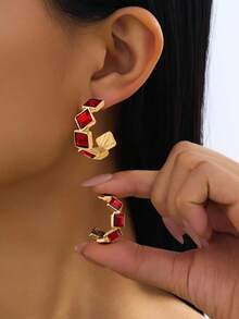 1 Pair Luxurious Fashion Exaggerated Creative Metal Frame C-Shape Rhinestone Embellished Earrings, Suitable For Women's Evening Gala, Cocktail Party, Vacation Wear, Holiday Gift - C-shaped Earrings - View 8