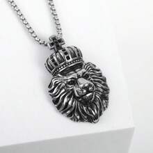 复古皇冠狮子吊坠男士项链时尚圣诞节情人节礼物守护饰品 - 銀色 - 查看 2