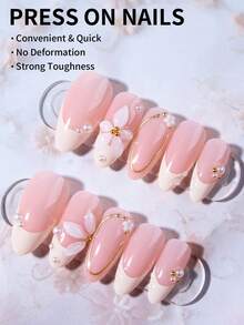24片长杏仁形3D凝胶美甲贴纸，花卉图案，法式美甲贴纸，中长款3D合金十字珍珠装饰，适用于亚克力假指甲，包含1瓶胶水和1个指甲锉，豹纹和法式美甲图案，适合女性日常工作、度假和派对场合。 - 查看 3