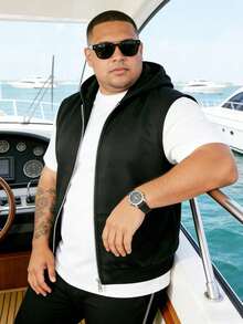 男士大码休闲上衣、T恤、连帽运动夹克、时尚休闲背心、黑色连帽背心，适合日常穿着、运动和度假，是送给丈夫的理想礼物，也是健身必备单品和时尚搭配必备，适合春夏穿着。 - 黑色 - 查看 2