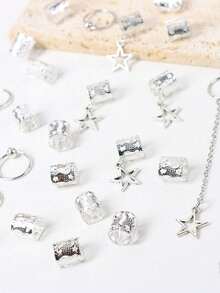 30pcs Silver Tone Star Tassel Dreadlock Beads & Hair Cuffs, Metal Pendant Hair Accessories, Y2K Punk Boho Festival Hair Jewelry,   Viral Hair Charms For Braids & Locs, Perfect For St. Patrick's Day, Easter & Mother's Day Party, Beach & Concert Outfits, Head Accessories For Women & Girls - 銀色 - 查看 5