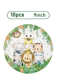 Utensílios de Mesa Safári na Selva com Estampas de Leão, Girafa e Tigre em Pratos, Copos e Guardanapos. Ótimo para Aniversários Infantis, Chás de Bebê e Festas com Tema Familiar. Design Descartável Facilita a Limpeza. - Multicolorido - Visão 4