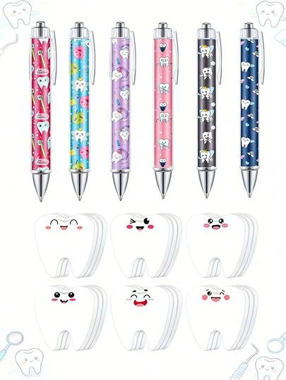 1/6/12 Sets Cartoon Teeth Ballpoint Pen And Sticky Notes, Work & Study Set, Dental Hygienist Gift, Fun Office Employee Gift, Suitable For Coworkers, Ladies, Doctors, Nurses, Schools And Office Supplies