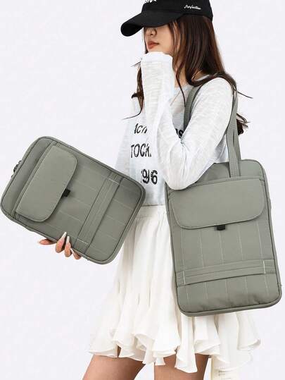 14英寸电脑竖款单肩包，纯色绗缝，大容量多口袋设计，带笔记本电脑隔层，轻便防震，多种颜色可选，简约风格，适合通勤、商务、休闲、上学和日常使用。手提包、笔记本电脑包、笔记本电脑套、女士笔记本电脑包、笔记本电脑内胆包、带提手的笔记本电脑保护套，便携旅行必备品。