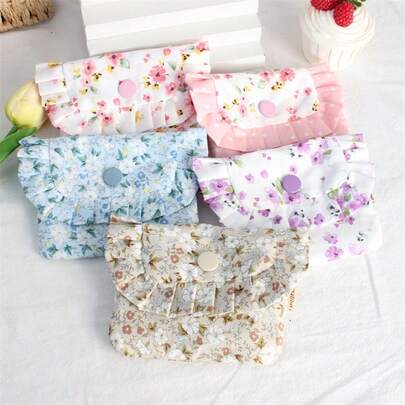 碎花翻盖零钱包，可爱荷叶边化妆包，大容量化妆品收纳袋