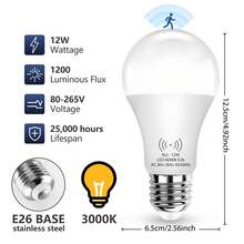 12W E26 LED Motion Sensor Light Bulb, 3000K/6000K Dual Color Temperature, Radar Sensor Auto On/Off, AC80-265V, Super Bright Lighting, Suitable For Corridor, Stairway, Garage And More - White - View 9