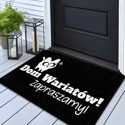 1pc "Welcome To The Crazy House!" Cat Text Print Flannel Doormat, Polyester Absorbent Rug, Washable, Easy To Clean, Suitable For Pet Mat, Game Room, Bedroom, Balcony, Study, RV, Living Room Etc. - Holiday Decor
