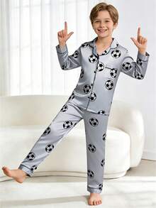 2pcs/Set Tween Boys' Football Print Long Sleeve Pajama Set - Multicolor - View 2