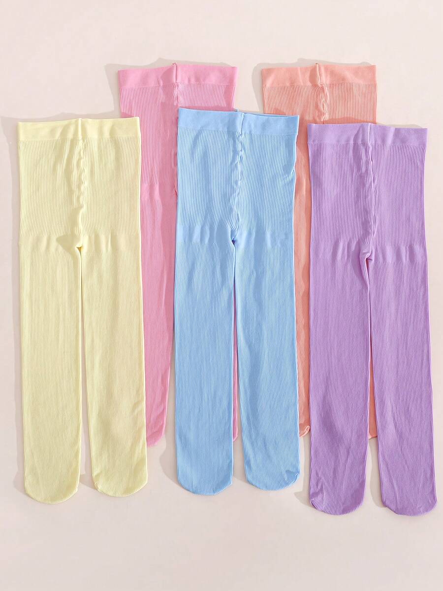 5 Pairs Girls' Solid Vertical Striped Tights, Snug Fit All-Match Versatile, Suitable For Spring, Summer, Autumn - Multicolor - View 1