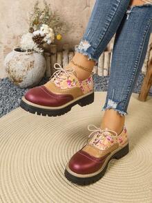 Zapatos Oxford de mujer con suela gruesa y estilo retro floral, zapatos tipo mocasín con cordones y tacón grueso de estilo británico, para uso casual y de negocios - Burdeos - Ver 6