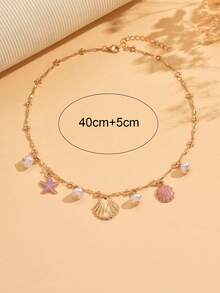 1pc Irregular Faux Pearl Necklace, Gold Alloy Ocean Creature Pendant Necklace, Enamel Starfish & Shell Decor, Versatile For Daily Wear, Beach Party, Music Festival - Multicolor - View 3