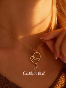 Customized Personalized Creative Heart-Shaped Name Necklace, Can Customize 1-6 Names, Stainless Steel Heart-Shaped Name Pendant Jewelry, Unisex Nameplate Pendant Necklace, Family Heart-Shaped Genealogy Necklace - Gold - View 6