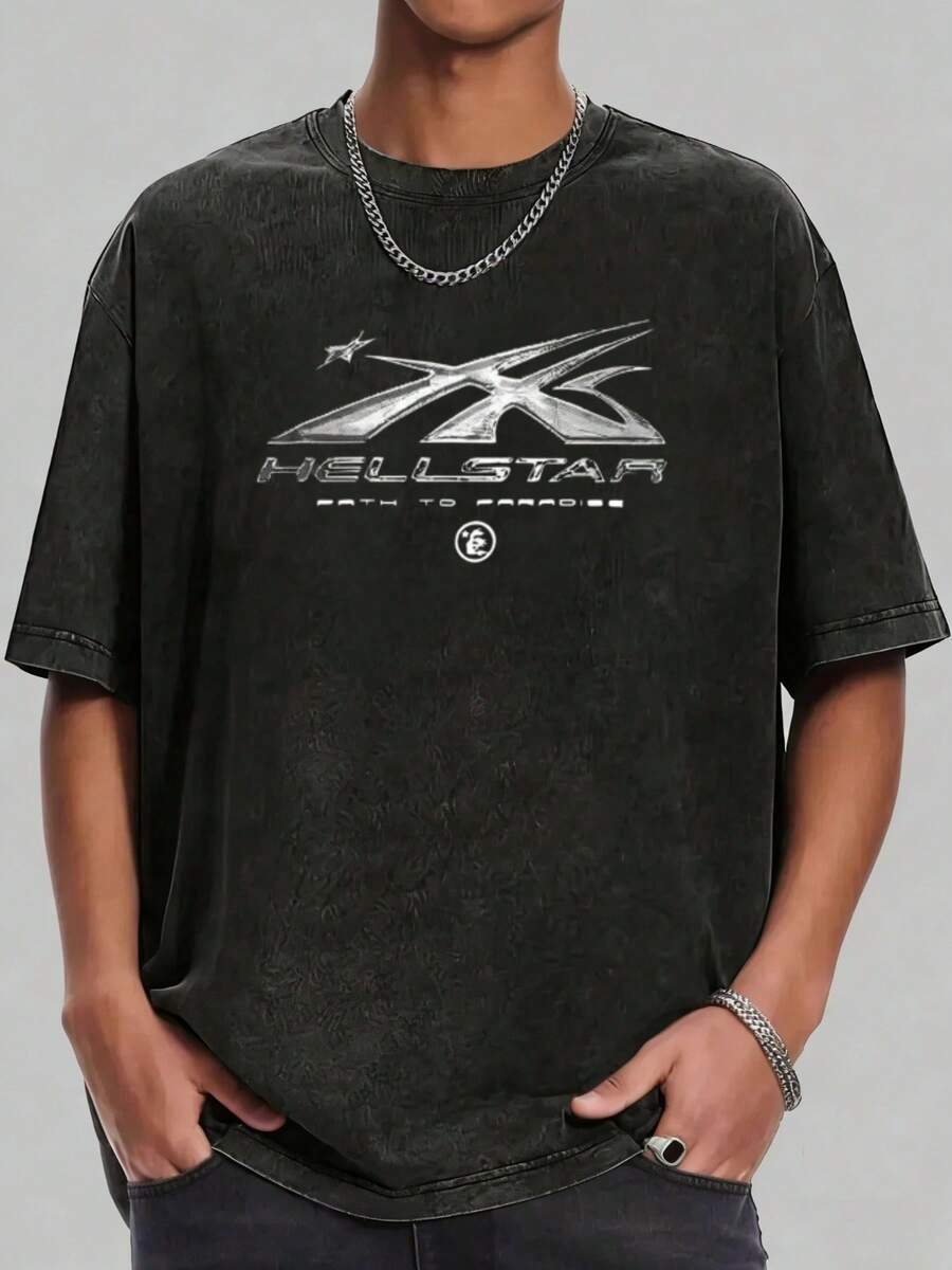 Hellstars X Path To Paradise Camiseta de manga corta con cuello redondo, estampado lavado metálico, 230g 100% algodón, ropa de verano, tops para hombres, casual y cómoda, camiseta gráfica de moda, estilo unisex - Negro - Ver 1