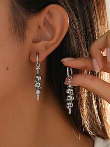1 Pair Gothic Punk Silver Skull & Viking Axe Pendant Earrings, Suitable For Halloween And Cosplay - Antique Silver - View 4