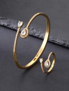 2件套时尚简约奢华闪亮立方氧化锆双水滴开口手镯戒指套装，适合日常、派对、婚礼、春季、开斋节等场合佩戴。 - 閃耀雙水滴鋯 - 查看 11