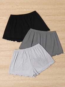 3pcs Set Spring/Summer Minimalist Ruffle Hem Shorts & 3pcs Set Solid Color Comfortable Lounge Pants - Multicolor - View 2