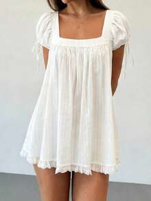 Short Sleeve Maternity Dress For Women Square Neck A-Line Mini Ruffled Dresses For Daily Shopping Office Travel - 白色 - 查看 5