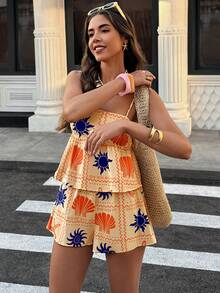 Doriss 两件套荷叶边吊带印花吊带背心套装，女士沙滩装，夏季服装，情人节，休闲上衣，女士度假装，夏季假期 - 彩色 - 查看 5