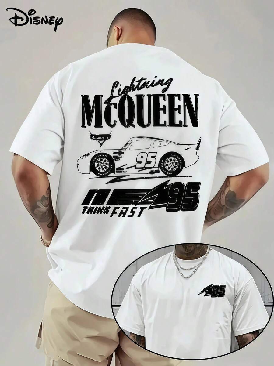 This Officially Licensed Disney Men's Pure Cotton Short-Sleeve T-Shirt Features A *Cars* Theme, Printed With A "Lightning McQueen & 95" Graphic. An Ideal Choice For Summer Wear, This Breathable White Top Is Unisex In Design And Features A Classic Crew-Neck, Casual Style. It Is Machine Washable, Offers A Comfortable Fit, And Features A Relaxed Silhouette. - 白色 - 查看 1