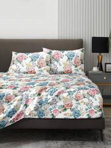 4pcs Vintage Peony Floral Bedding Set, Easy Care Super Soft Microfiber Bedding Set (1pc Flat Sheet + 1pc Fitted Sheet + 2pcs Pillowcases), Fitted Sheet Fits King, Queen, Full & Double Beds, 11.8" Deep Pillowcases, Soft & Breathable, Hotel Luxury Style - Multicolor - View 2