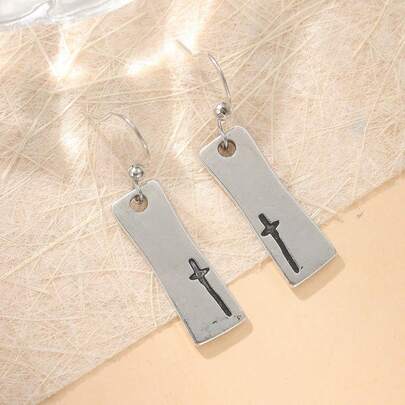 Vintage Antique Silver-Tone Hollow Cross Drop Earrings, Suitable For Women's Punk Style Jewelry. Handmade Silver-Tone Glossy Rectangular Geometric Shape Elegant Earrings.