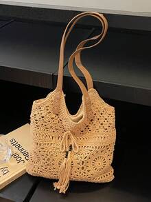 Women Crochet Shoulder Bag With Tassel Fringe Bohemian Vacation Handbag - Khaki - View 5