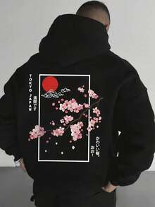 Men's Heavyweight 360g Cherry Blossom Hoodie - Tokyo Print Sweatshirt With Kanji Lettering, Loose Fit Kangaroo Pocket & Drawstring Hood, Black & Red Casual Winter Wear For Culture Fans - 黑色 - 查看 1