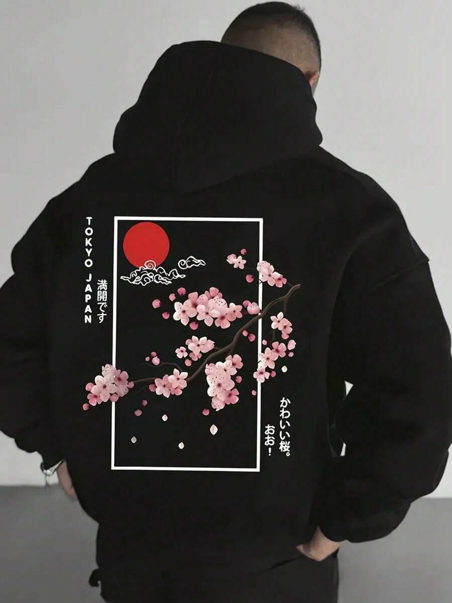 Men's Heavyweight 360g Cherry Blossom Hoodie - Tokyo Print Sweatshirt With Kanji Lettering, Loose Fit Kangaroo Pocket & Drawstring Hood, Black & Red Casual Winter Wear For Culture Fans - 黑色 - 查看 1