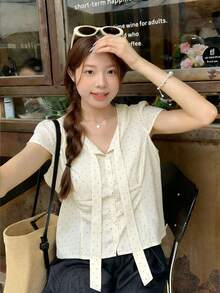 Korean Style Polka Dot Print Short Sleeve Blouse, Fashionable & Versatile Summer - Beige - View 6