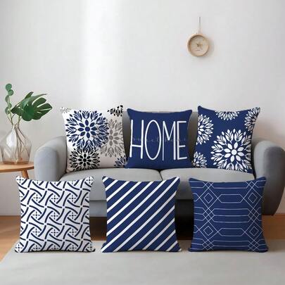 6 piezas Fundas de cojín minimalistas diarias con líneas geométricas azules y flores, impresas por un solo lado en terciopelo melocotón, 45*45CM/18*18 pulgadas, adecuadas para la decoración minimalista moderna de la sala de estar, regalo, decoración de fiesta