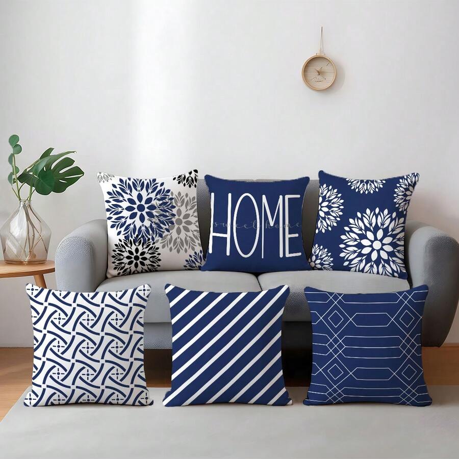 Bộ 6 vỏ gối trang trí tối giản màu xanh dương với họa tiết hình học và hoa văn, in một mặt trên chất liệu nhung màu đào, kích thước 45*45/50*50/40*40CM, phù hợp cho trang trí phòng khách theo phong cách tối giản hiện đại, làm quà tặng hoặc trang trí tiệc. - 6 cái - Màu xanh dương - Xem 1