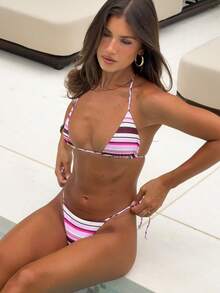 Y2K Women's Two-Piece Double-Sided Bikini Set, Double-Sided Dot/Stripe Print, Sleeveless, Off Shoulder Neck Bra And Low Waist Underwear, Swimsuit Very Suitable For Swimming, Sunbathing On Vacation, Or Posing For Vacation Photos With Its  Fit And Comfortable Details - 粉色 - 查看 3