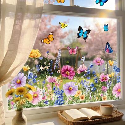 1pc Wildflower And Butterfly Window Sticker, Removable Vinyl Anti-Collision And Bird-Proof Sticker, Suitable For Living Room And Bedroom Windows, Home Decor, Floral Stickers, Reusable Window Film