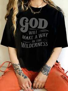 God Will Make A Way 1 Pcs Women's Plus Size T-Shirt Funny Oversized Graphic Short Sleeve Tee Novelty 100% Cotton Shirt Casual Crew Neck Top 220g - 黑色 - 查看 1
