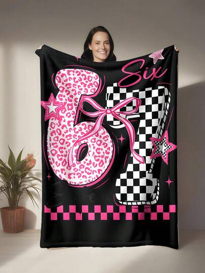1pc Black Base Cat Checkerboard Patchwork Creative Numeric Print 67 Flannel Blanket - Soft & Comfortable, Suitable For Travel, Camping, Sofa, Bedding - 67 Numeric Print, All Season Cozy Bedding Accessory, Versatile Design - 280gsm