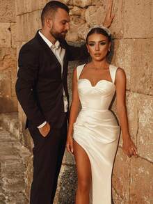 Elegant Sexy Sleeveless Mermaid Satin Wedding Dress,Registry Office Dresses Bridal Gown,Evening Party Dress Birthday Party Dress Country Wedding,Romantic Church Ceremony Wedding Dress,Suitable For Wedding,Dating,Party,Singles' Party,Vacation,Formal Occasions,Dinner Dress,Prom Dress,Homecoming Dess,Cocktail Party,Wedding Guest Dress,Graduation - 白色 - 查看 3