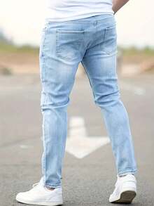 Men's Fashion Casual Washed Elastic Distressed Slim Fit Jeans - Baby Blue - View 2
