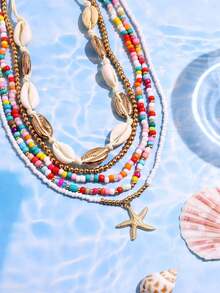 1 Set Fashionable Bohemian Style Holiday Shell Beaded Woven Necklace & Bracelet, Paired With Starfish Pendant And Polymer Clay Bead Combination Jewelry, Suitable For Women's Daily Wear - Multicolor - View 5