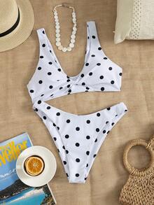 女士优雅印花扭结肩带比基尼两件式泳衣，甜美性感海滩度假风夏季 - 彩色 - 查看 2