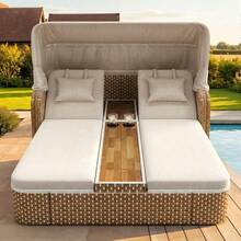 Outdoor Wicker Double Chaise Lounge With Adjustable Canopy 5-Position Reclining Backrests Built-In Cup Holders For Patio And Poolside - Beige - View 5