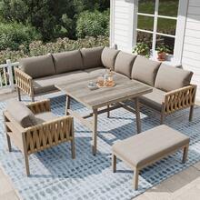 Garden Furniture Set Rope-Weave Outdoor Sofa Set With Galvanized Steel Frame Adjustable Legs L-Shaped Sofa Tempered Glass Table Top Includes All Seat And Back Cushions Beige - 米色 + 鐵 - 查看 3