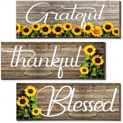 3pcs Sunflower Thanksgiving Blessing Wall Decor Art Sign Wooden Hanging Plaque, Sunflower Print Decor For Thanksgiving, Bathroom, Bedroom, Kitchen (10 X 4 Inches, White Text)