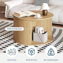 Mesa de café redonda clásica de 28 pulgadas mediados siglo con almacenamiento diseño acanalado puerta deslizante tambor fácil montaje perfecta para sala de estar hogar acento vintage - Natural - Ver 7