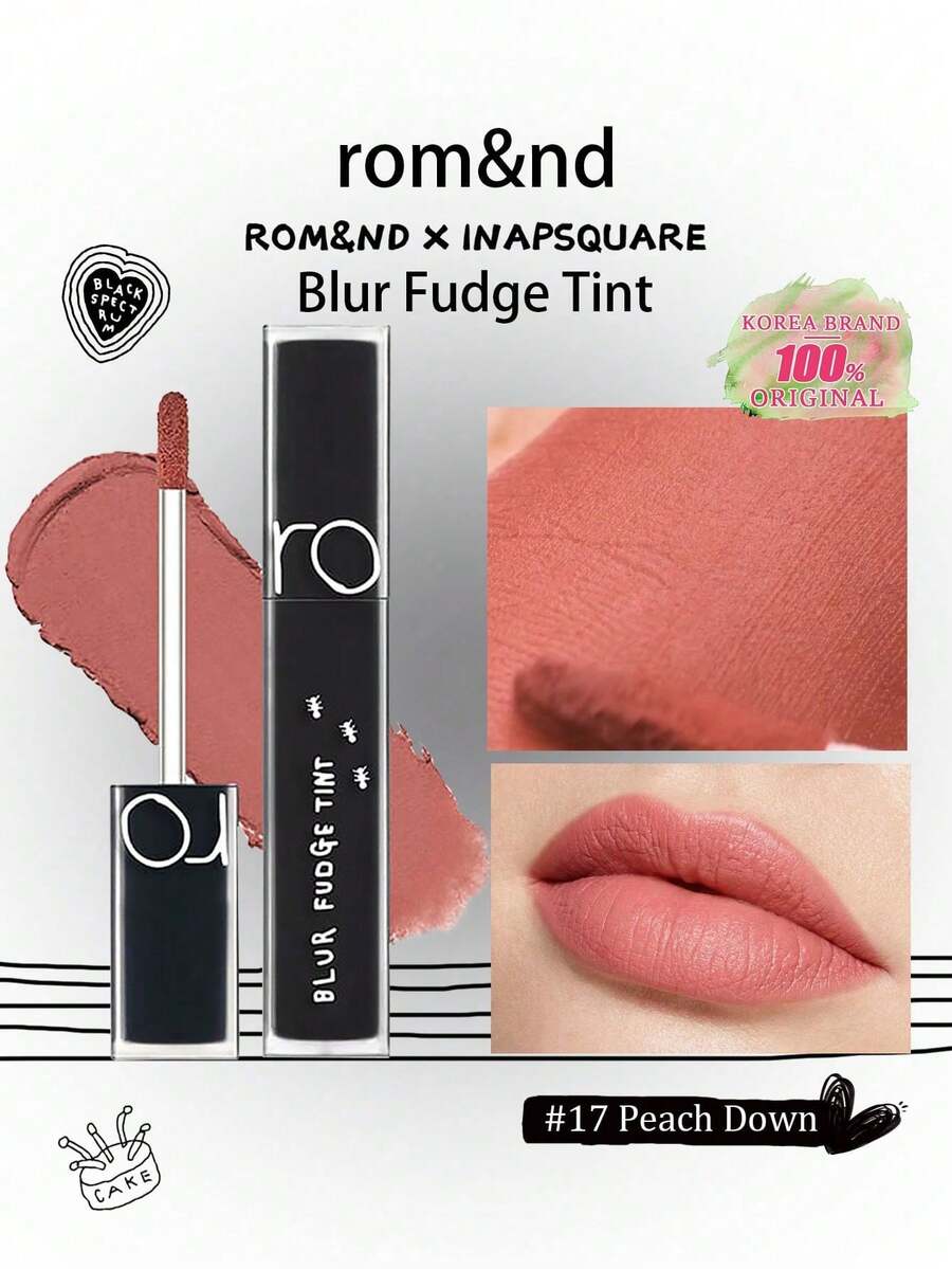 Rom&nd Romand BLUR FUDGE TINT 17 蜜桃色唇釉，哑光唇彩，质地轻盈，奶油配方，易于涂抹，持久显色，不拔干，丝绒哑光妆效，易于晕染，韩国美妆护肤礼品