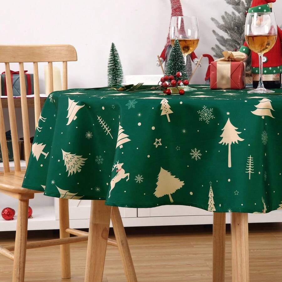 Rectangular Waterproof Christmas Tablecloth - Deer And Tree Design - Durable Polyester - Perfect For Parties, Home And Outdoors - Festive Table Decoration - 60x120/60x102 Inches - Green 60" - View 1