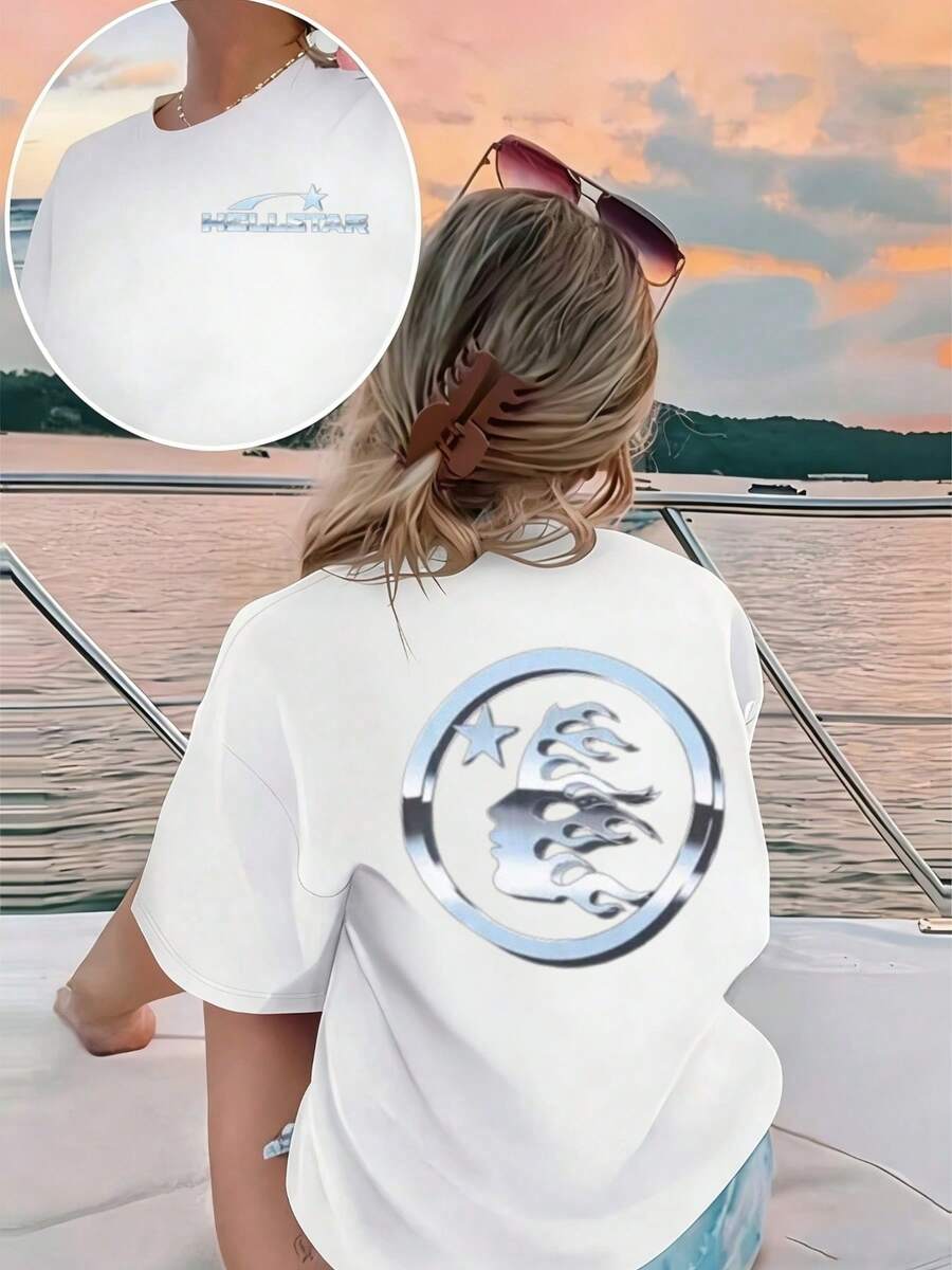 Plus Size Hellstars Metallic Fire Hair Logo Vintage T-Shirt Double Sided Printed (220g 100% Cotton T-Shirt),Summer Clothes, Women's Tops, Casual And Comfortable, Fashionable Graphic Tee, Unisex Style - White - View 1