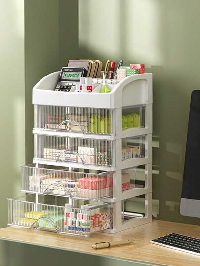 4-Drawer Desk Organizer | Minimalist Office Supplies & Cosmetics Storage Box | Transparent PET Dust-Proof Sorting Storage Container | PP Plastic Frame + High-Transparency PET Drawer Panels, Japanese Fresh Minimalist Modern Ins Style Design, Suitable For Office/Study/Home Scenarios.